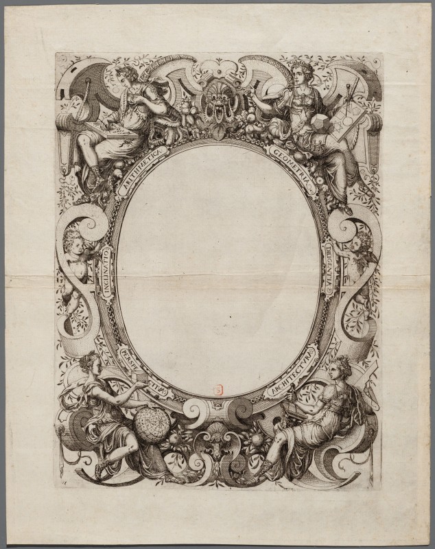 Ornamentprent. Perspectiva Corporum Regularium. Titelcartouche.